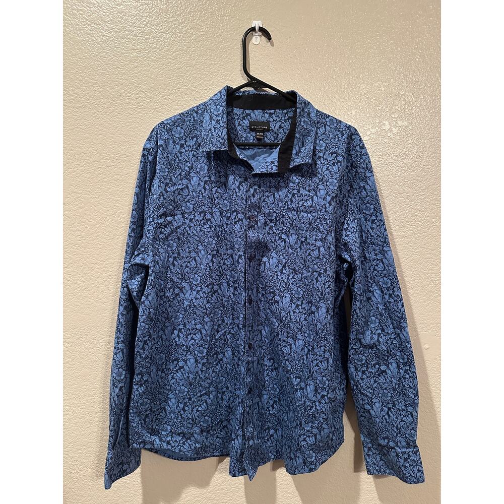 Structure Modern Fit flowered Baroque Blue Navy pattern buttonup dress shirt XXL